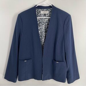 Tahari ASL Hook Eye Closure Navy Jacquard Long Sleeve Office Career Wear Jacket